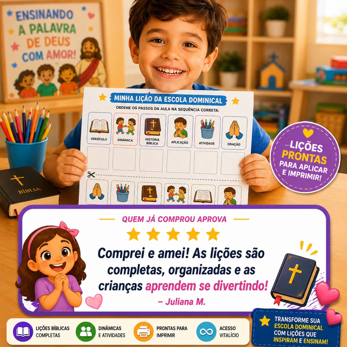Criança feliz mostrando lição da Escola Dominical com depoimento